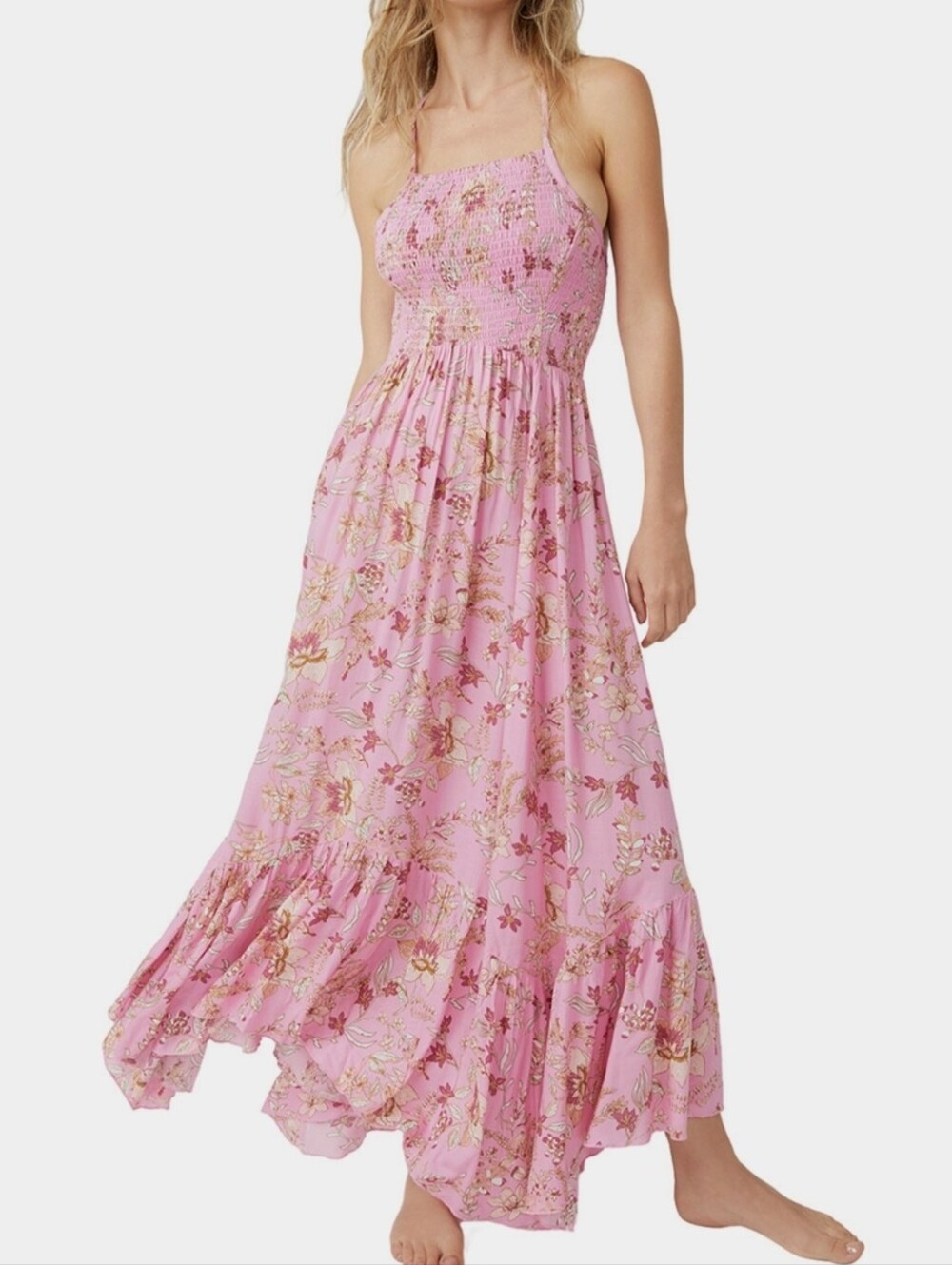Free People Pink Floral Maxi Dress Smocked Bodice